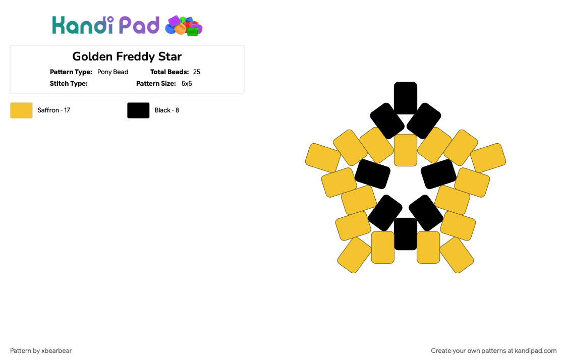 Golden Freddy Star - Pony Bead Pattern by xbearbear on Kandi Pad - black, character, five nights at freddys, fnaf, gaming, golden freddy, star, video game, yellow