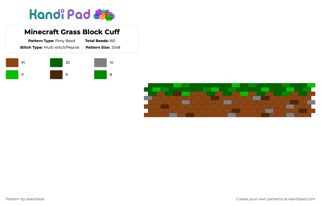 Minecraft Grass Block Cuff - Pony Bead Pattern by xbearbear on Kandi Pad - green,red,peyote stitch,minecraft,cuff,grass block