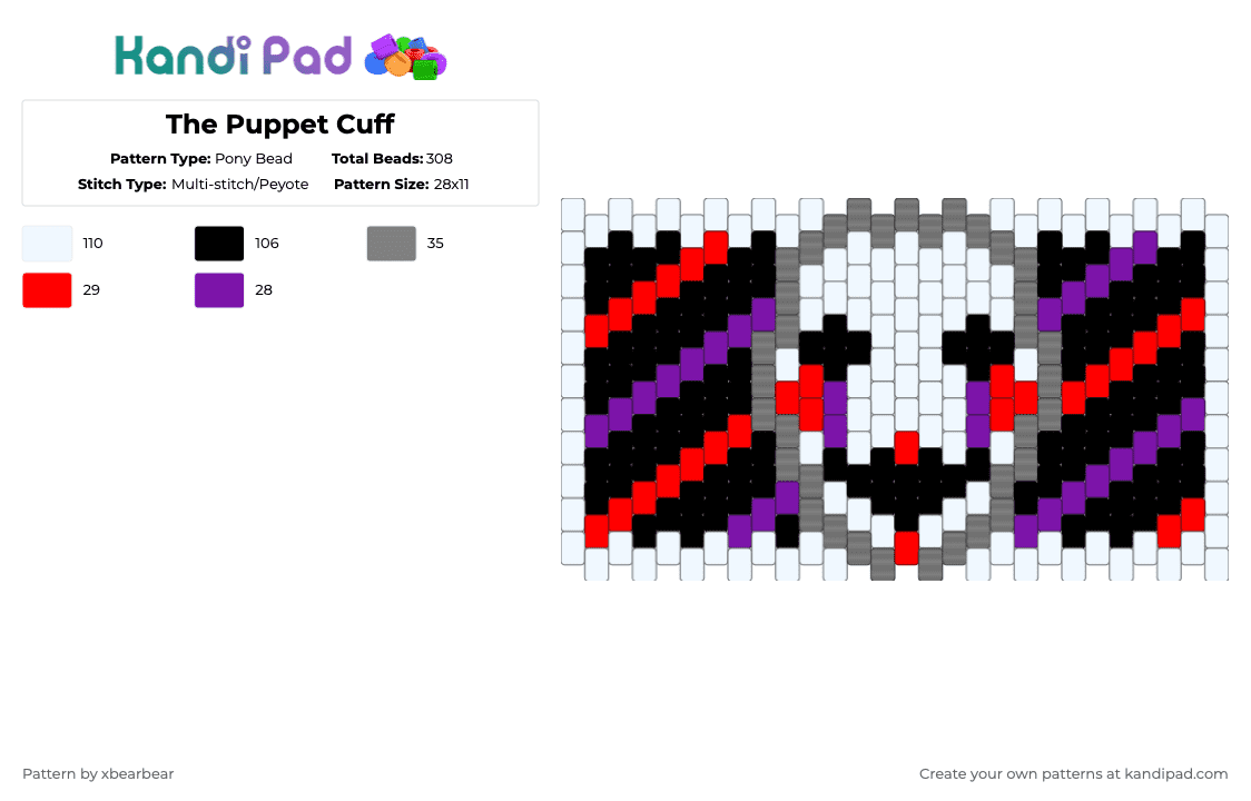 The Puppet Cuff - Pony Bead Pattern by xbearbear on Kandi Pad - white,gray,fnaf,fnaf 2,the puppet,cuff,multi stitch,red,black