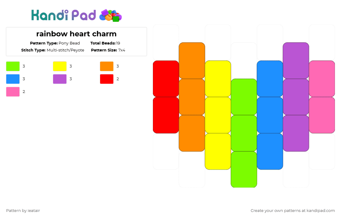 rainbow heart charm - Pony Bead Pattern by ieatair on Kandi Pad - yellow,light blue,colorful