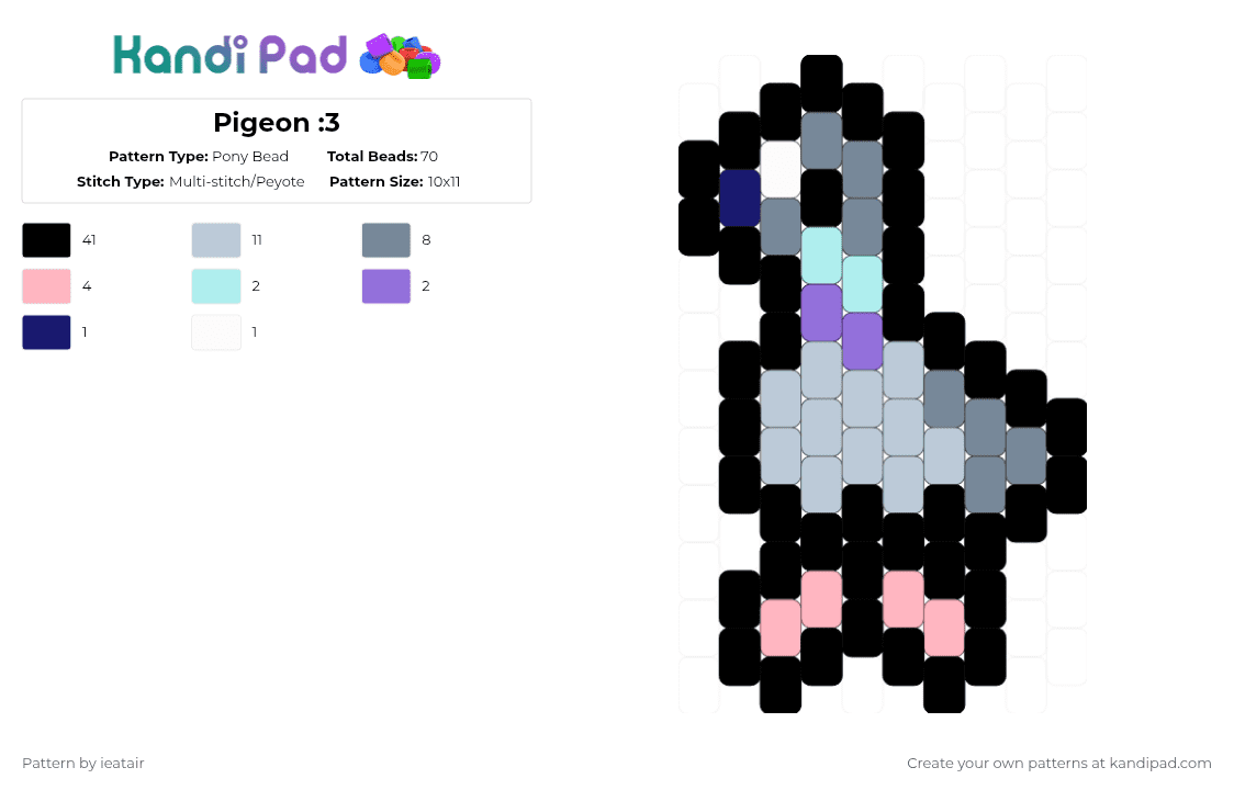 Pigeon :3 - Pony Bead Pattern by ieatair on Kandi Pad - black,pink,gray,pigeon,bird,birb,cute,grey