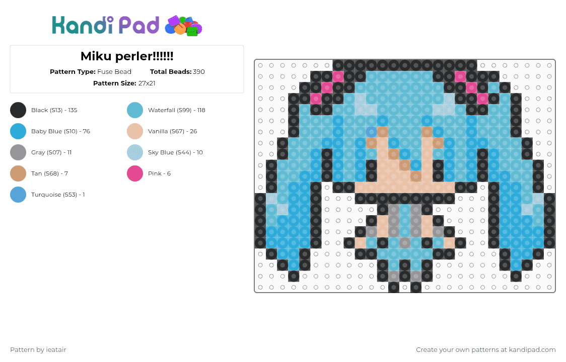 Miku perler!!!!!! - Fuse Bead Pattern by ieatair on Kandi Pad - light blue