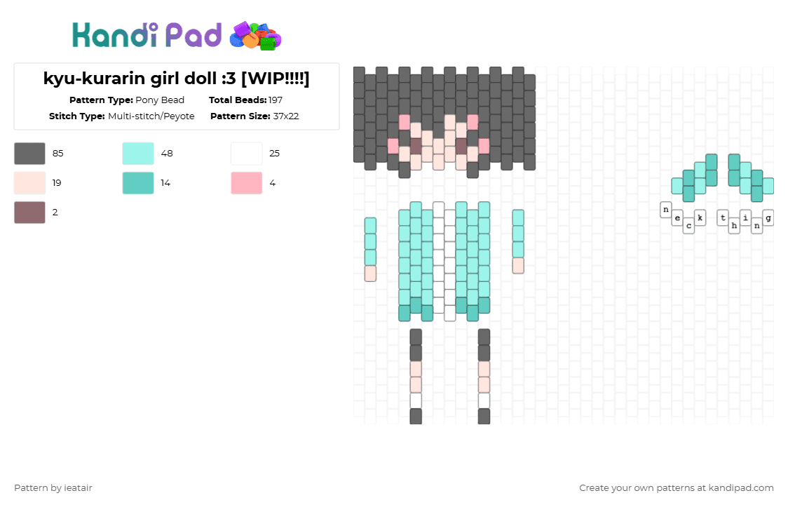 kyu-kurarin girl doll :3 [WIP!!!!] - Pony Bead Pattern by ieatair on Kandi Pad - gray,light blue,kyukurarin,doll,kyu,kurarin,vocaloid,iyowa,pink,teal