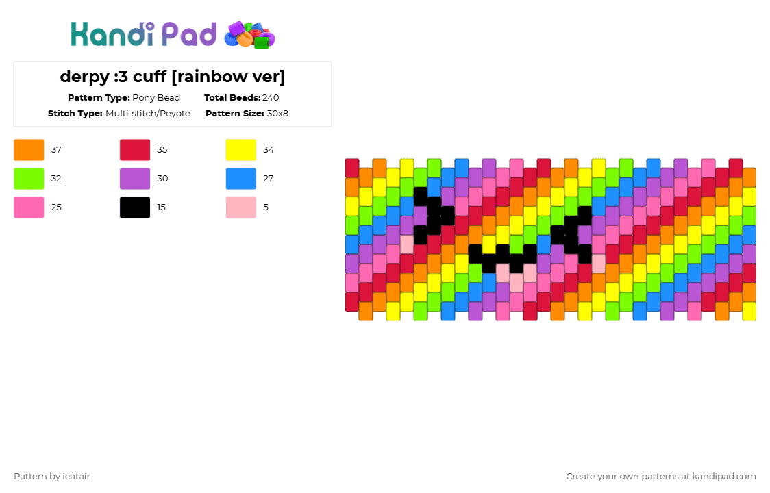 derpy :3 cuff [rainbow ver] - Pony Bead Pattern by ieatair on Kandi Pad - derpy,diagonal,stripes,cuff,rainbow,colorful,pink,red,orange
