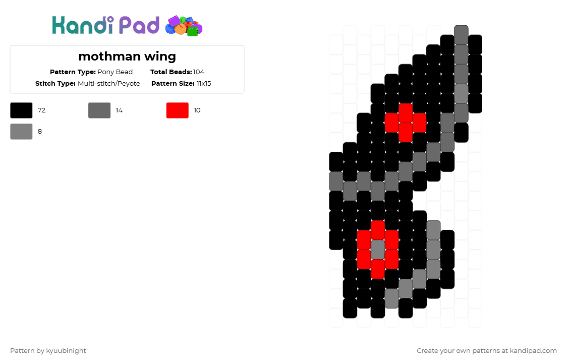 mothman wing - Pony Bead Pattern by kyuubinight on Kandi Pad - black,gray,red