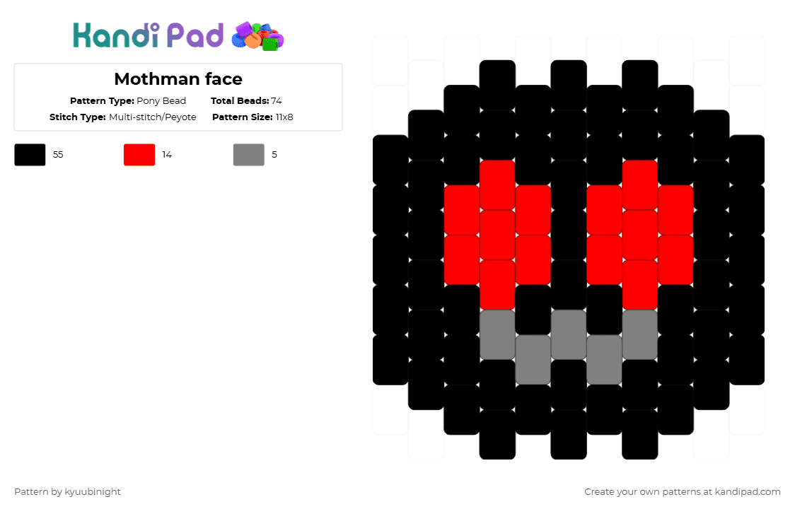 Mothman face - Pony Bead Pattern by kyuubinight on Kandi Pad - black, gray, red