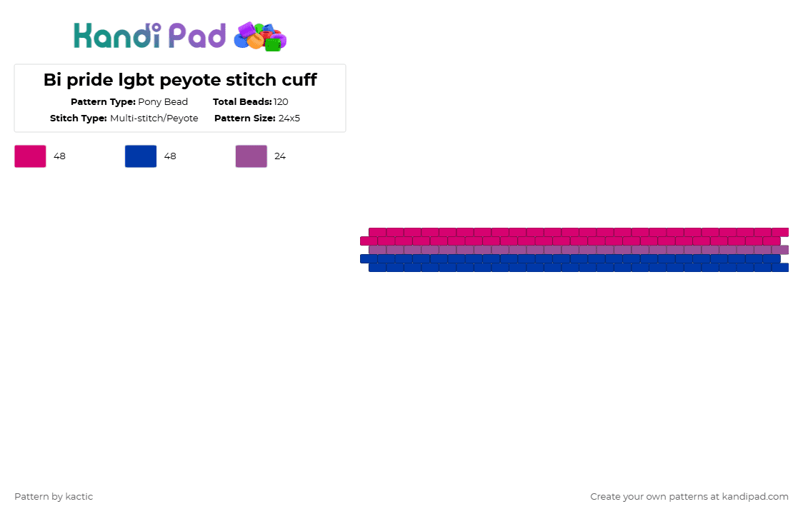 Bi pride lgbt peyote stitch cuff - Pony Bead Pattern by kactic on Kandi Pad - pink,blue,pride,queer,bisexual,wlw,mlm
