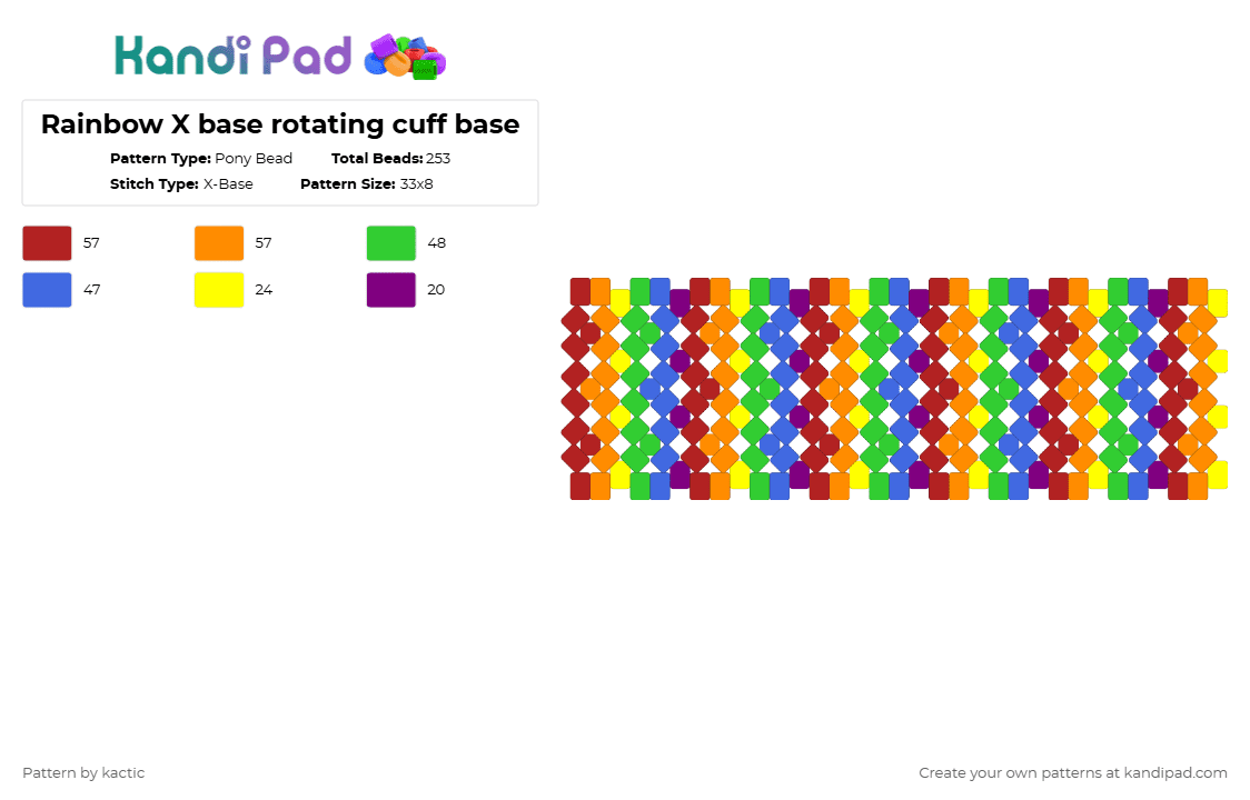 Rainbow X base rotating cuff base - Pony Bead Pattern by kactic on Kandi Pad - red,orange,green,blue,rainbow,cuff,base