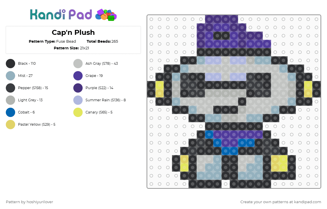 Cap\'n Plush - Fuse Bead Pattern by hoshiyurilover on Kandi Pad - black,light blue,purple,beige,capn,plush,plushie,deltarune,undertale,cassette player,robot,sweet capn cakes