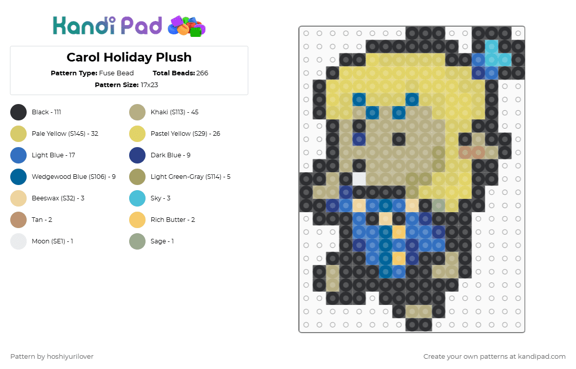 Carol Holiday Plush - Fuse Bead Pattern by hoshiyurilover on Kandi Pad - black,beige,blue,yellow,carol holiday,carol,plush,plushie,deltarune,undertale,mayor