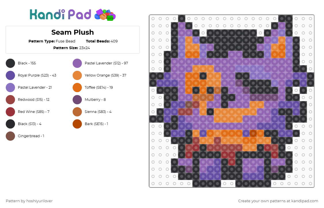 Seam Plush - Fuse Bead Pattern by hoshiyurilover on Kandi Pad - purple,pink,orange,seam,plush,plushie,deltarune,undertale,shopkeeper,shawn