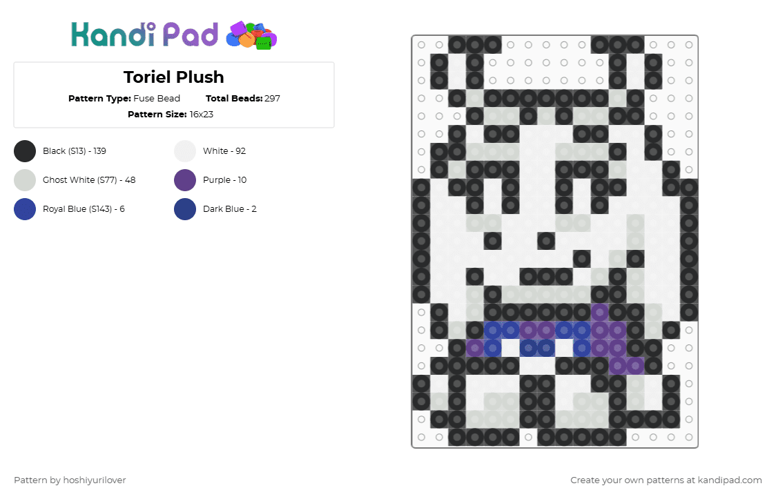 Toriel Dreemurr Plush - Fuse Bead Pattern by hoshiyurilover on Kandi Pad - white,purple,toriel,deltarune,undertale,plush,plushie,pie,butterscotch