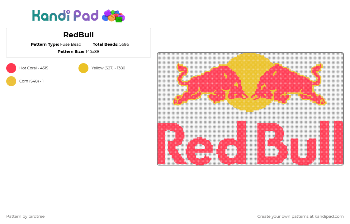 RedBull - Fuse Bead Pattern by birdtree on Kandi Pad - redbull,energy,drink,logo,energy drink,beverage,food,red,bull