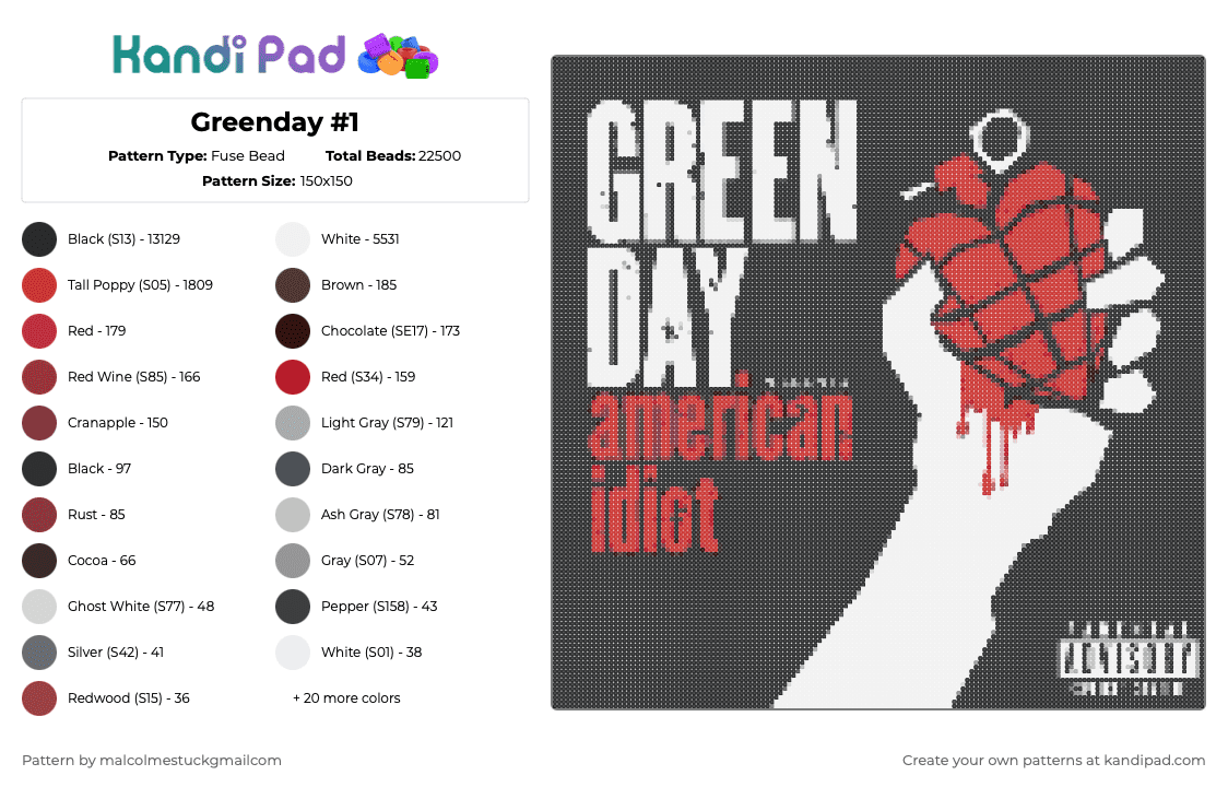 Greenday #1 - Fuse Bead Pattern by malcolmestuckgmailcom on Kandi Pad - black,white,brown,red
