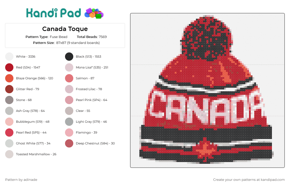 Canada Toque - Fuse Bead Pattern by adinade on Kandi Pad - canada,hat,toque,winter,fashion,maple leaf,tribute,emblem,red