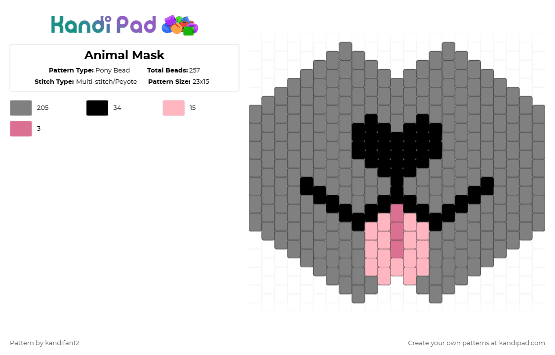 Animal Mask - Pony Bead Pattern by kandifan12 on Kandi Pad - gray,animal,cat,dog,furry,mask