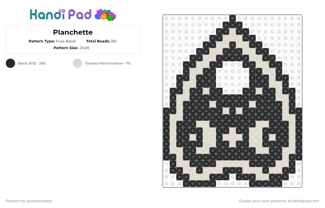 Planchette - Fuse Bead Pattern by spooksreadsx on Kandi Pad - ouija,board,halloween,spooky,black,beige,planchette,oujia,witch,witchcraft,magic,ghost,horror