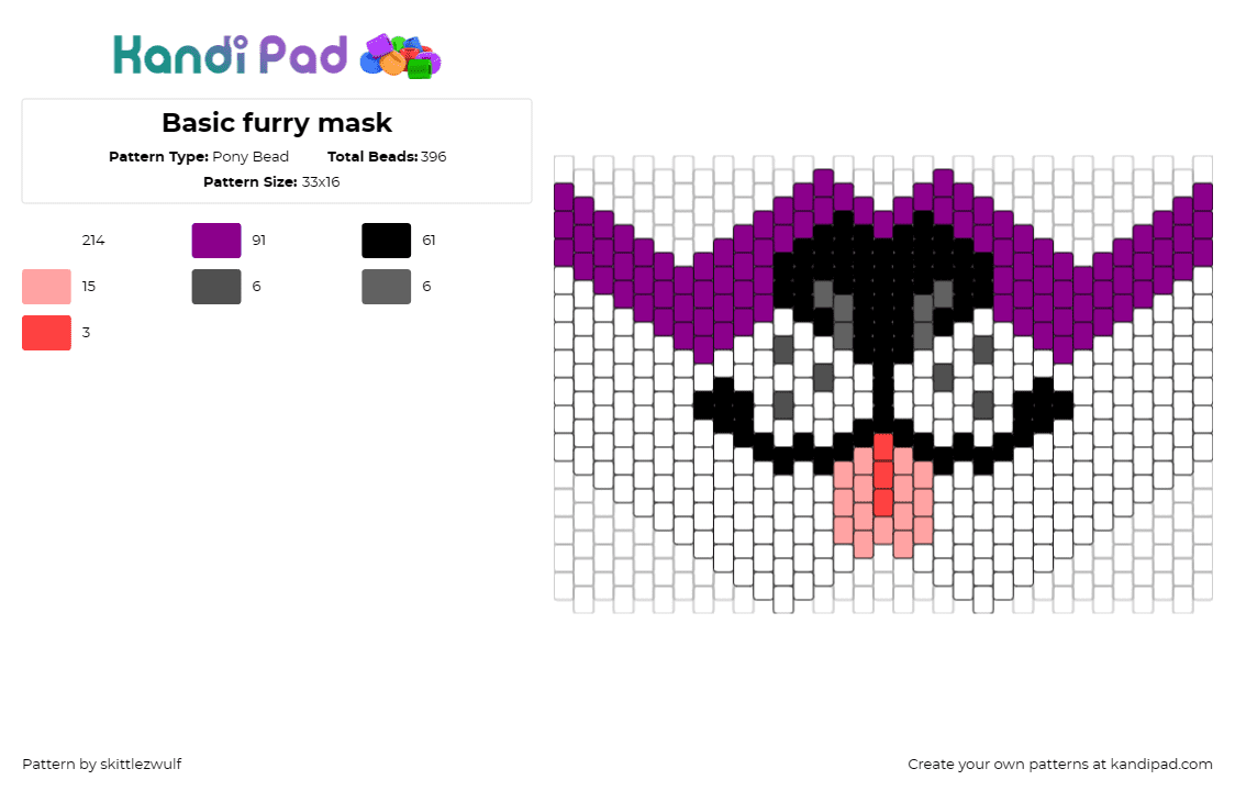 Basic furry mask - Pony Bead Pattern by skittlezwulf on Kandi Pad - furry,mask,expressive,whimsical,bold,playful,white,purple