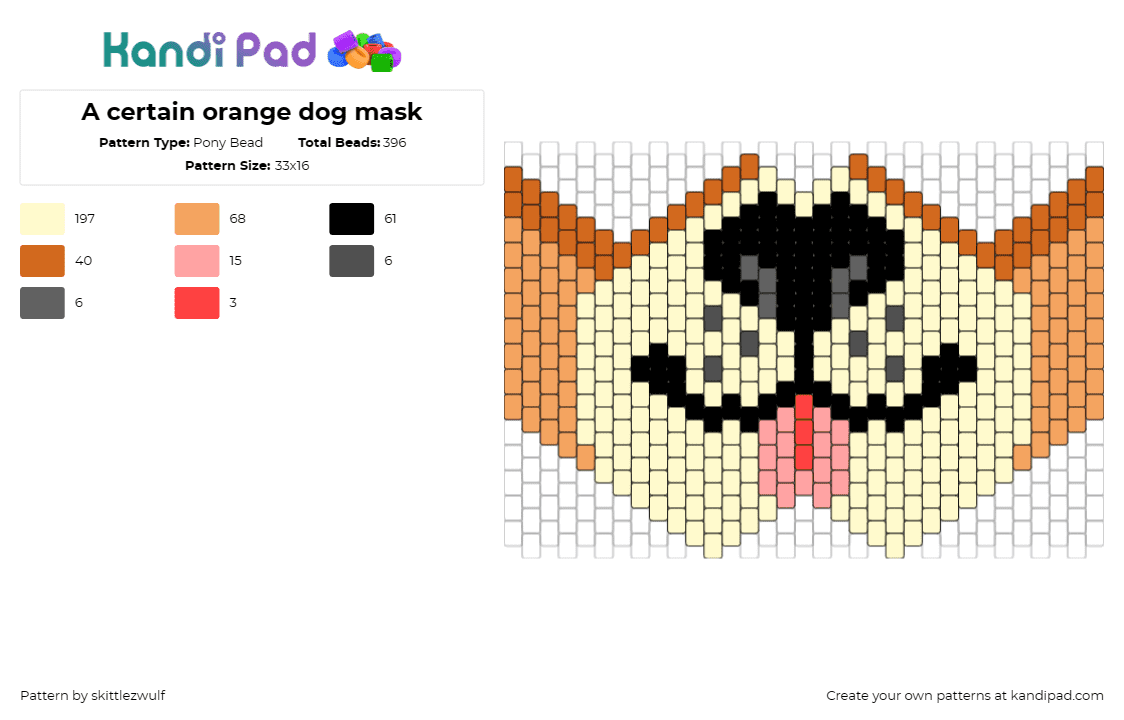 A certain orange dog mask - Pony Bead Pattern by skittlezwulf on Kandi Pad - bingo,bluey,dog,mask,animated,family,playful,character,show,costume