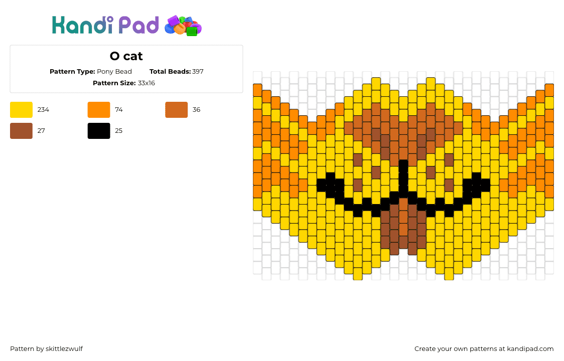 O cat - Pony Bead Pattern by skittlezwulf on Kandi Pad - cat,mask,tongue,mouth,face,orange,yellow