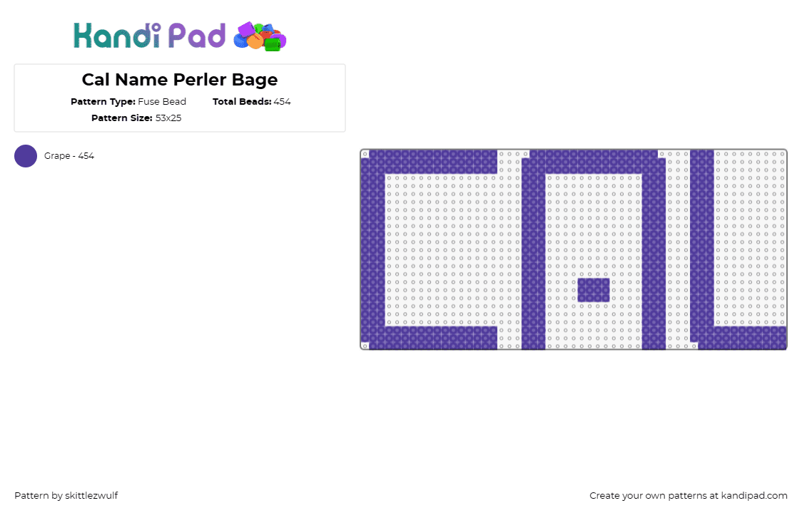 Cal Name Perler Bage - Fuse Bead Pattern by skittlezwulf on Kandi Pad - text,custom,personalized,initials,name,purple,bold,simple,crisp