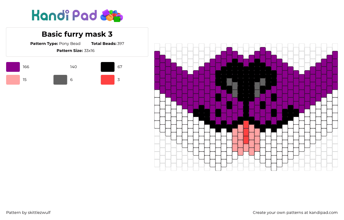 Basic furry mask 3 - Pony Bead Pattern by skittlezwulf on Kandi Pad - furry,tongue,animal,community,mask,dog,purple,pink,black