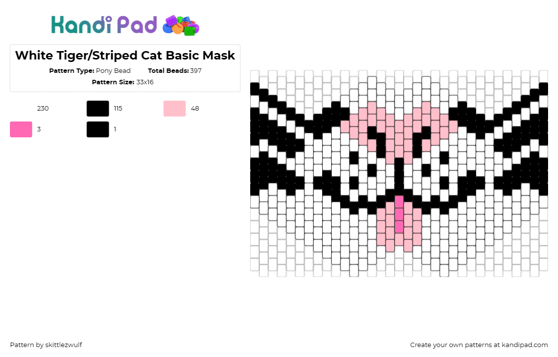 White Tiger/Striped Cat Basic Mask - Pony Bead Pattern by skittlezwulf on Kandi Pad - cat,tiger,furry,mask,whimsical,playful,feline,striped,white tiger,costume