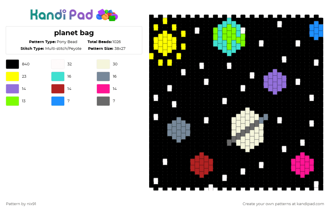 planet bag - Pony Bead Pattern by nix91 on Kandi Pad - black,yellow,light blue,gray