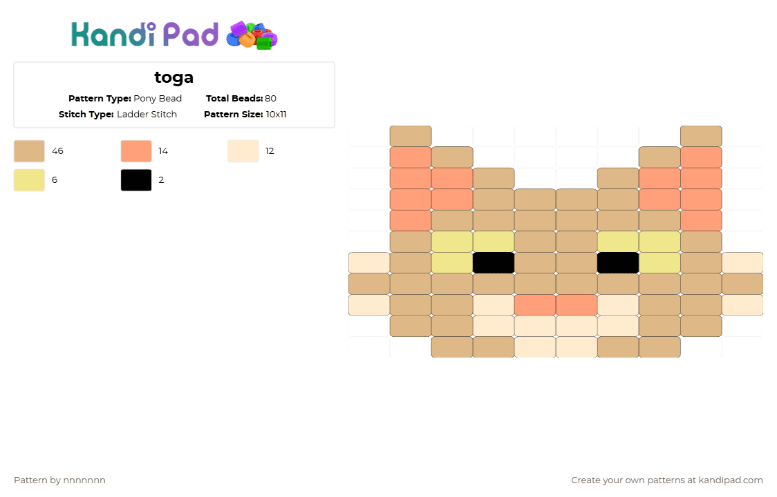 toga - Pony Bead Pattern by nnnnnnn on Kandi Pad - cat,head,charm,animal,beige
