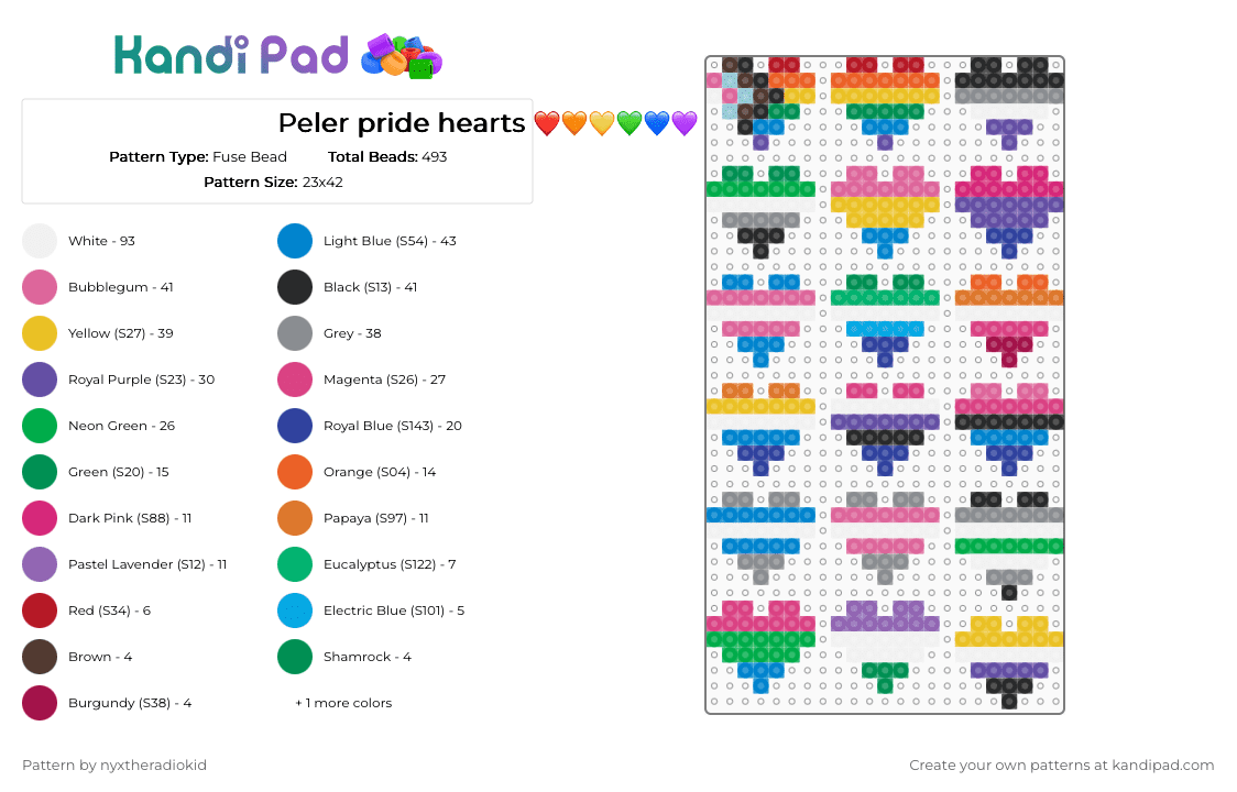 Peler pride hearts ❤️🧡💛💚💙💜 - Fuse Bead Pattern by nyxtheradiokid on Kandi Pad - pink,green,purple,colorful