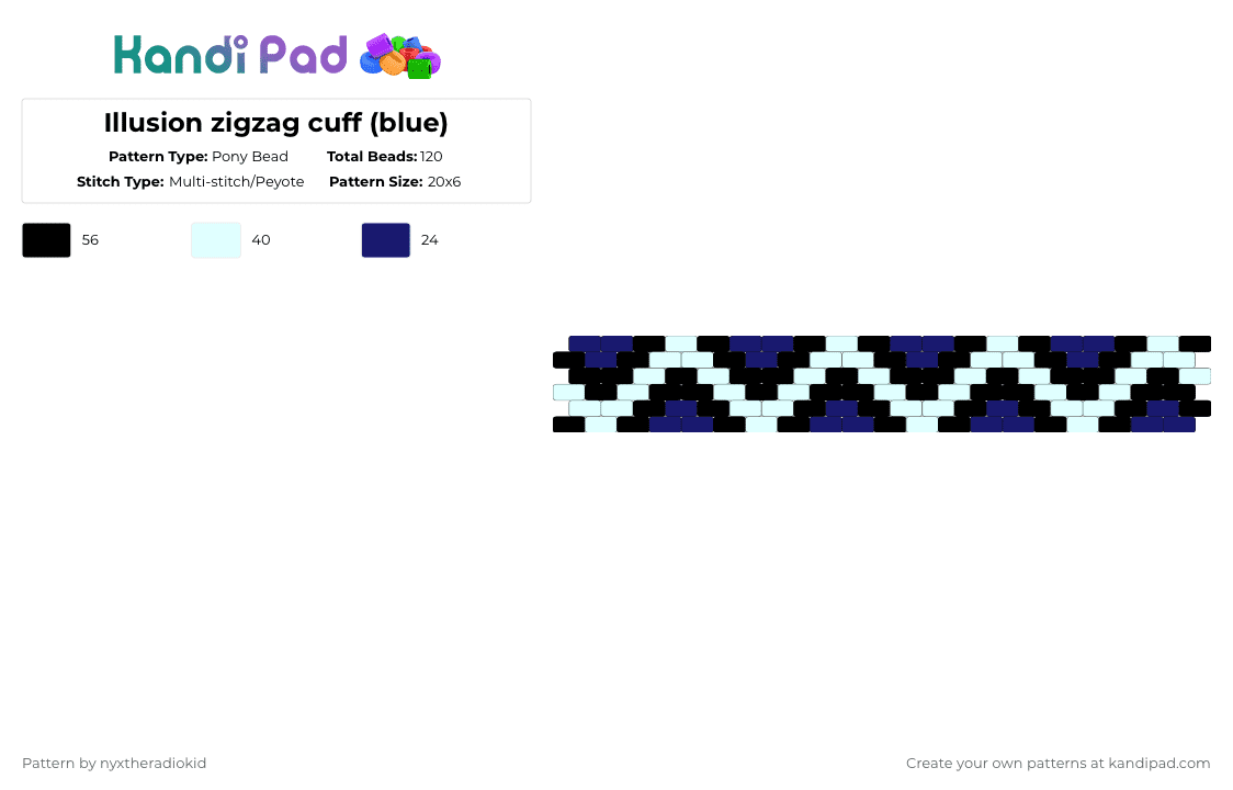 Illusion zigzag cuff (blue) - Pony Bead Pattern by nyxtheradiokid on Kandi Pad - white,purple