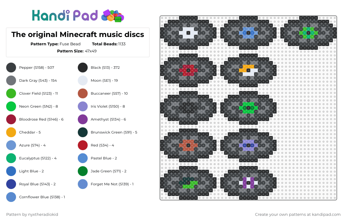 The original Minecraft music discs - Fuse Bead Pattern by nyxtheradiokid on Kandi Pad - black,gray