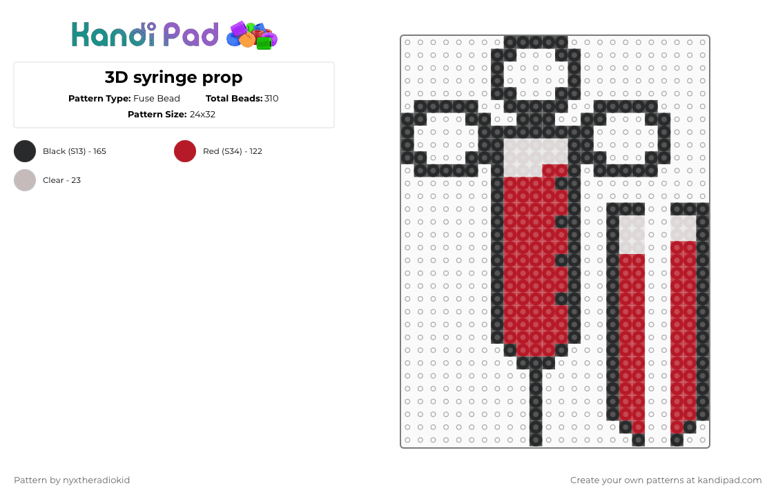 3D syringe prop - Fuse Bead Pattern by nyxtheradiokid on Kandi Pad - red