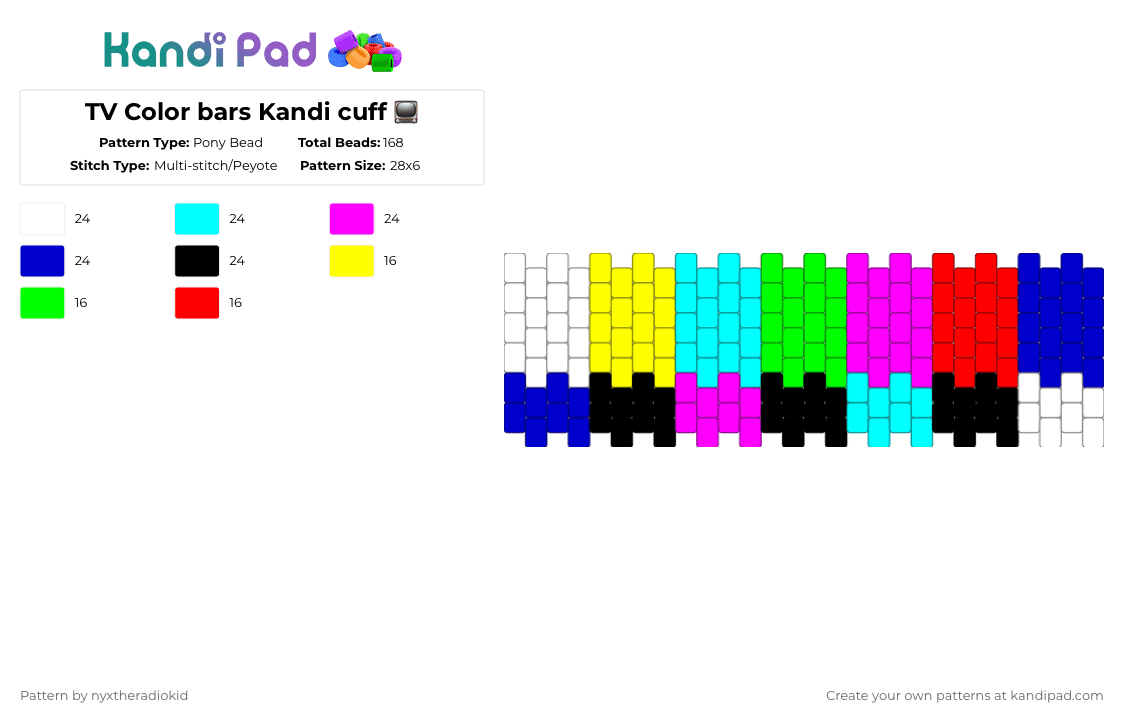TV Color bars Kandi cuff 📺 - Pony Bead Pattern by nyxtheradiokid on Kandi Pad - light blue,pink,purple