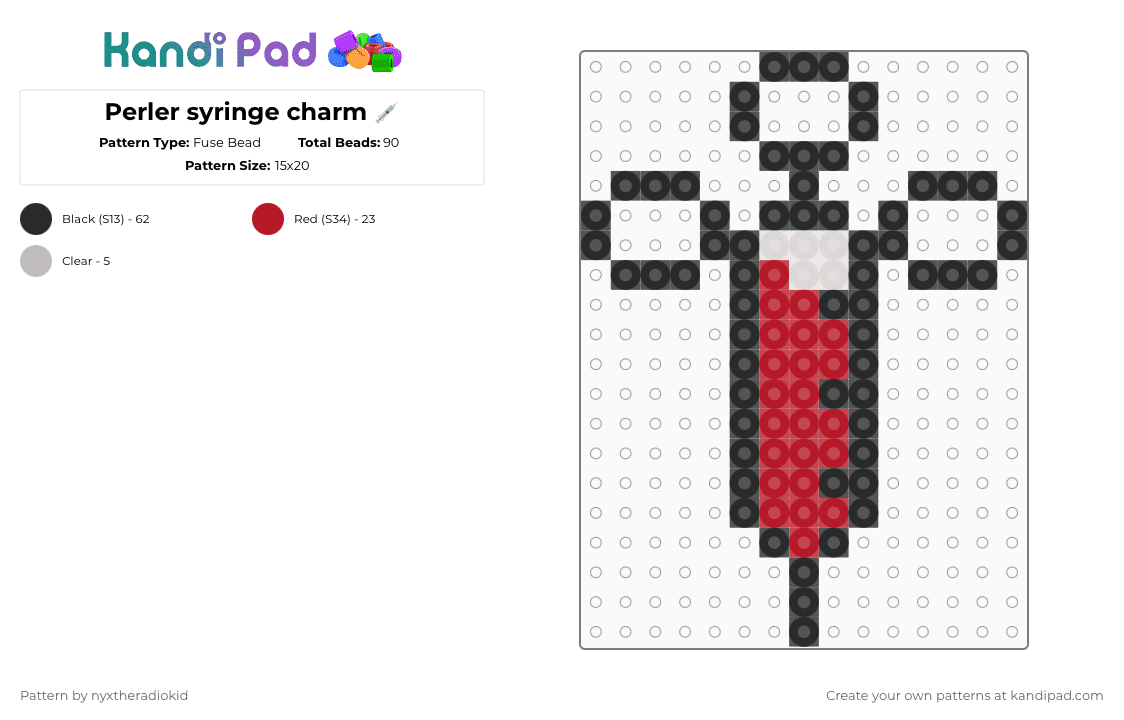 Perler syringe charm 💉 - Fuse Bead Pattern by nyxtheradiokid on Kandi Pad - black,red