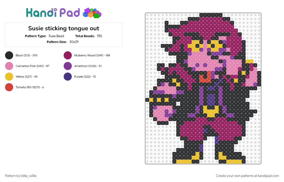 Susie sticking tongue out - Fuse Bead Pattern by billie_willie on Kandi Pad - black, deltarune, deltarune chapter 3, pink, susie, susie deltarune