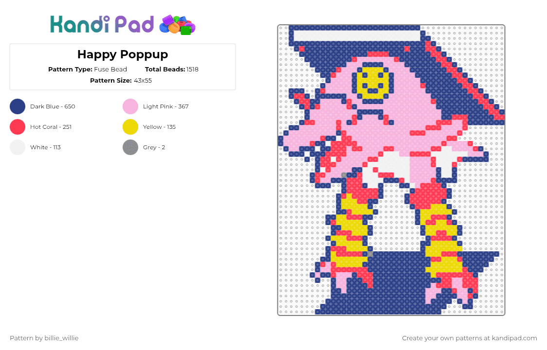 Happy Poppup - Fuse Bead Pattern by billie_willie on Kandi Pad - pink,blue,deltarune,poppup