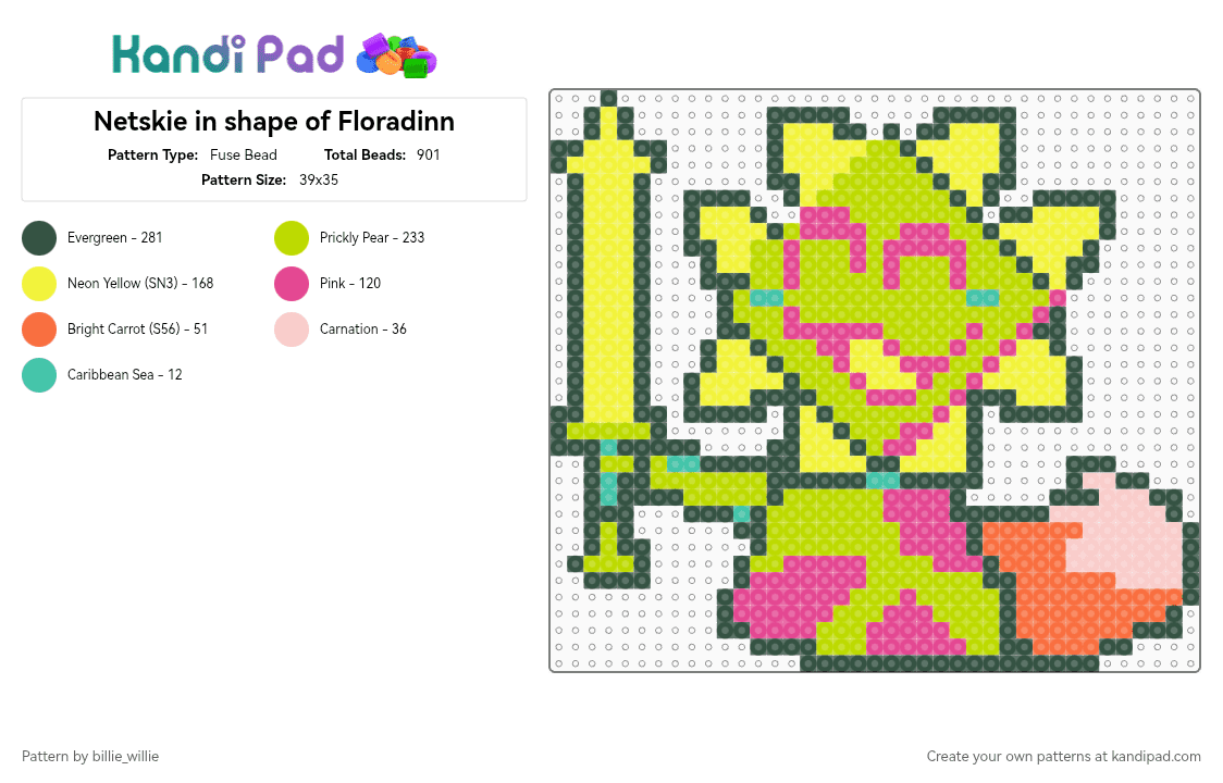 Netskie in shape of Floradinn - Fuse Bead Pattern by billie_willie on Kandi Pad - deltarune, floradinn, gray, green, netskie, pink, yellow