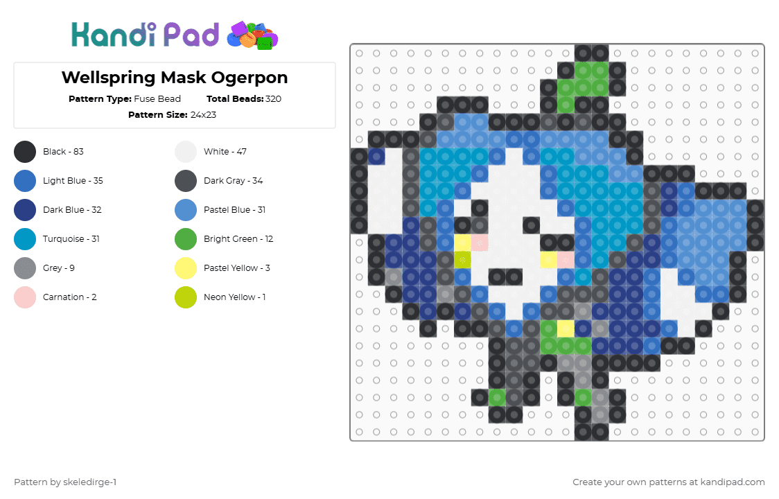 Wellspring Mask Ogerpon - Fuse Bead Pattern by skeledirge-1 on Kandi Pad - gray,light blue,blue