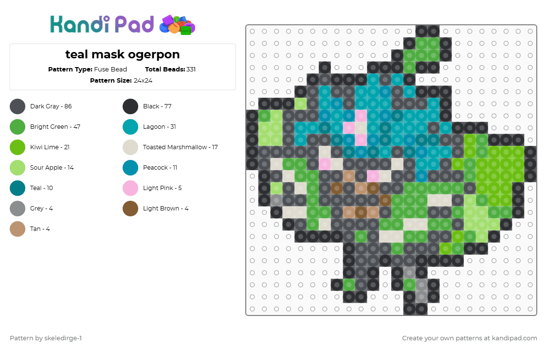 teal mask ogerpon - Fuse Bead Pattern by skeledirge-1 on Kandi Pad - green,gray,teal