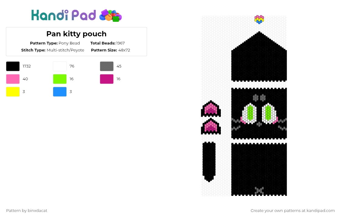 Pan kitty pouch - Pony Bead Pattern by binxdacat on Kandi Pad - black,pink,gray,green,cat,bag,pouch,aww,cute,kitten,kitty,kandikat