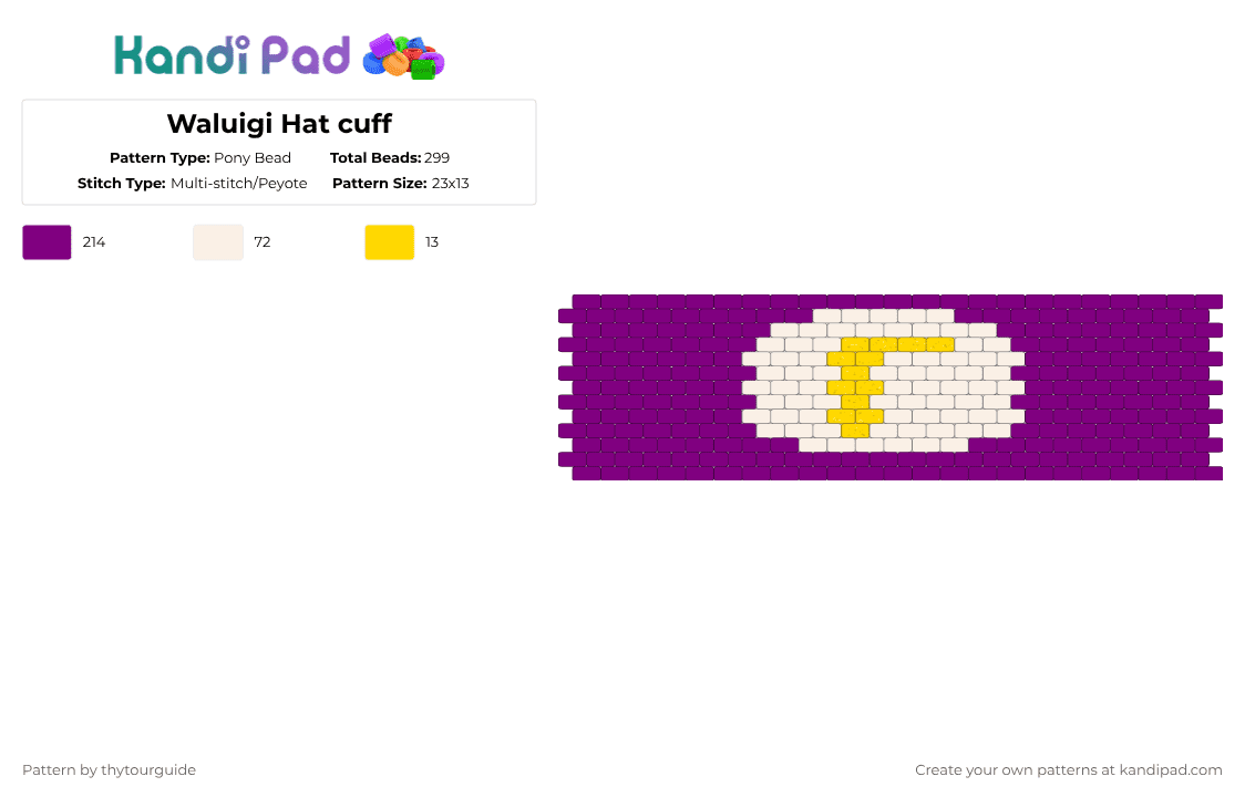 Waluigi Hat cuff - Pony Bead Pattern by thytourguide on Kandi Pad - pink,mario,wario,waluigi,nintendo,super mario,video games,mario tennis
