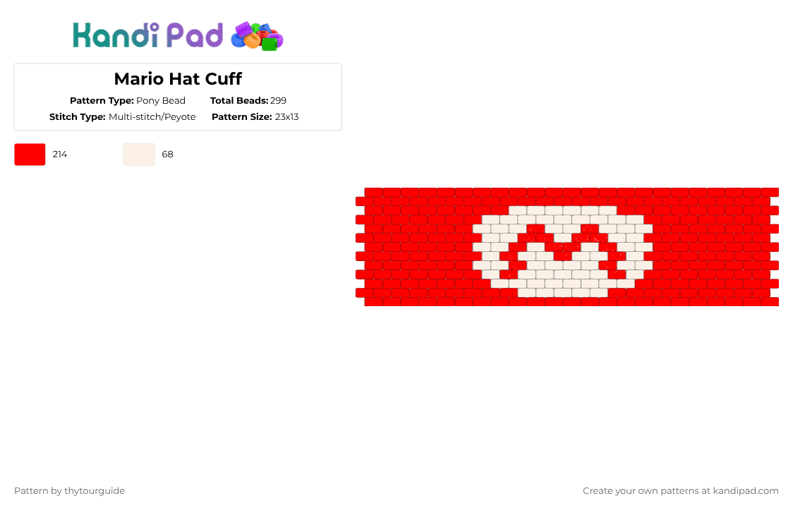 Mario Hat Cuff - Pony Bead Pattern by thytourguide on Kandi Pad - red,mario,nintendo,video games,super mario,epic universe,nintendo world