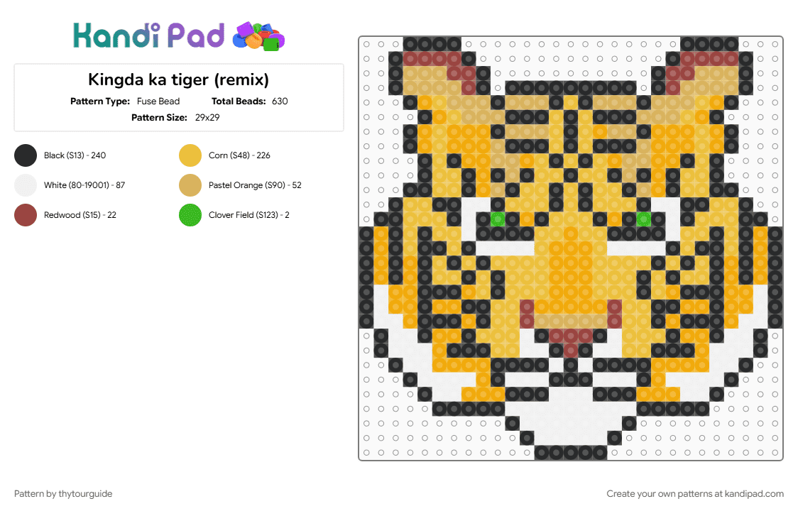 Kingda ka tiger (remix) - Fuse Bead Pattern by thytourguide on Kandi Pad - amusement park, kingda ka, orange, perler cuff, roller coaster, six flags, theme park, tiger, yellow, yellow tiger