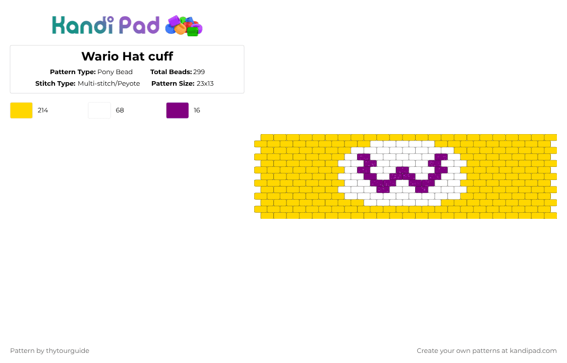 Wario Hat cuff - Pony Bead Pattern by thytourguide on Kandi Pad - yellow,mario,wario,nintendo,super mario,video games,mario tennis