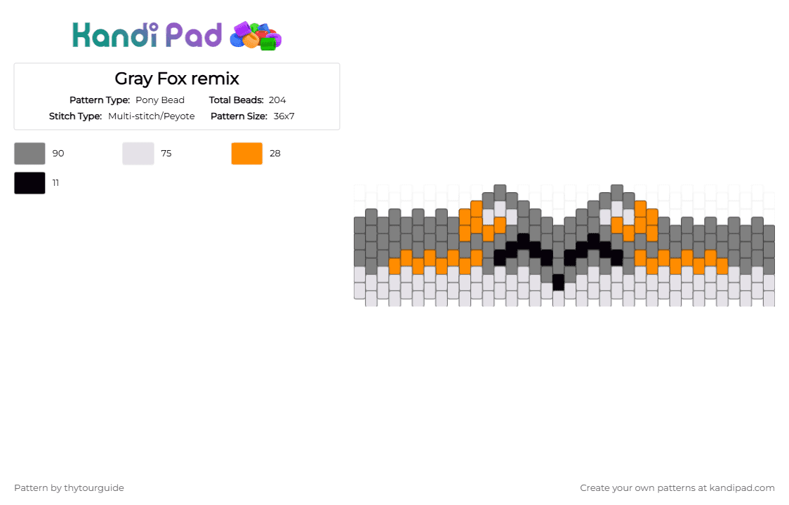 Gray Fox cuff remix - Pony Bead Pattern by thytourguide on Kandi Pad - forest, forestcore, fox, gray, gray fox, grey fox, otherheart, otherpaw, therian