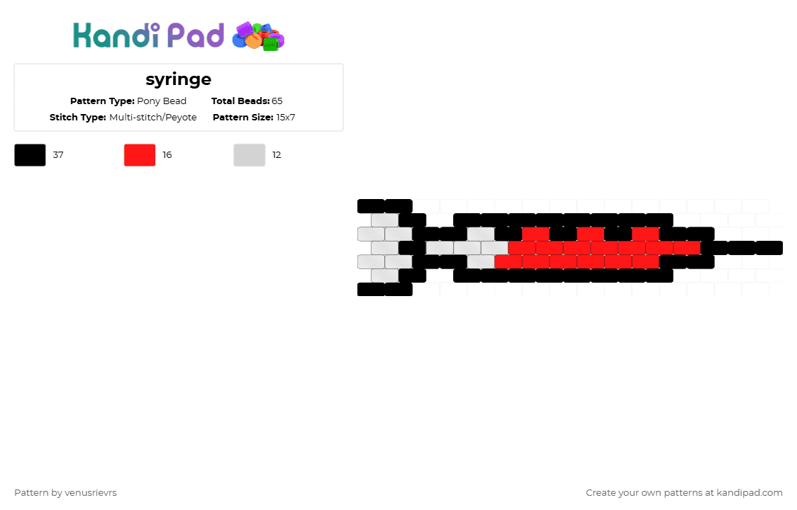 syringe - Pony Bead Pattern by venusrievrs on Kandi Pad - syringe,needle,charm,medical,medicine,health,white,red