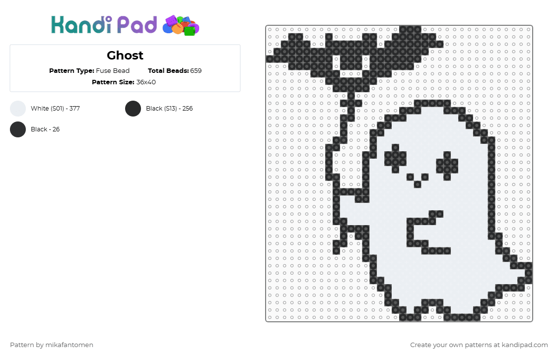 Ghost - Fuse Bead Pattern by mikafantomen on Kandi Pad - ghost,bat,balloon,cute,halloween,spirit,paranormal,supernatural,horror,spooky,holiday,animal,black,white