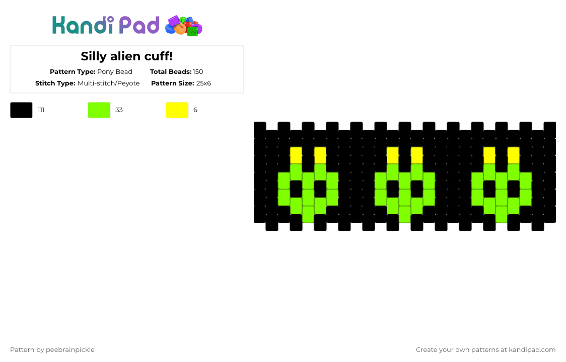 Silly alien cuff! - Pony Bead Pattern by peebrainpickle on Kandi Pad - black,green