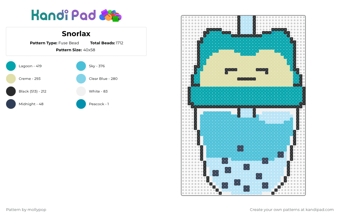 Snorlax - Fuse Bead Pattern by mollypop on Kandi Pad - boba,light blue,teal